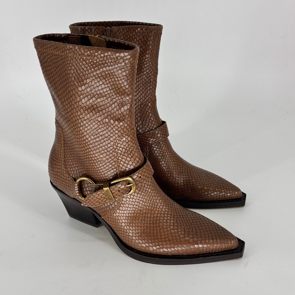 Dolce Vita Rave Pointed-Toe Buckle Boot Tan Saddle Embossed Leather Women Size 6